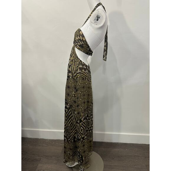 BCBGMAXAZRIA Silk Blend Printed Rhinestone Accent Halter Maxi Dress Green Size 0 - Picture 3 of 8